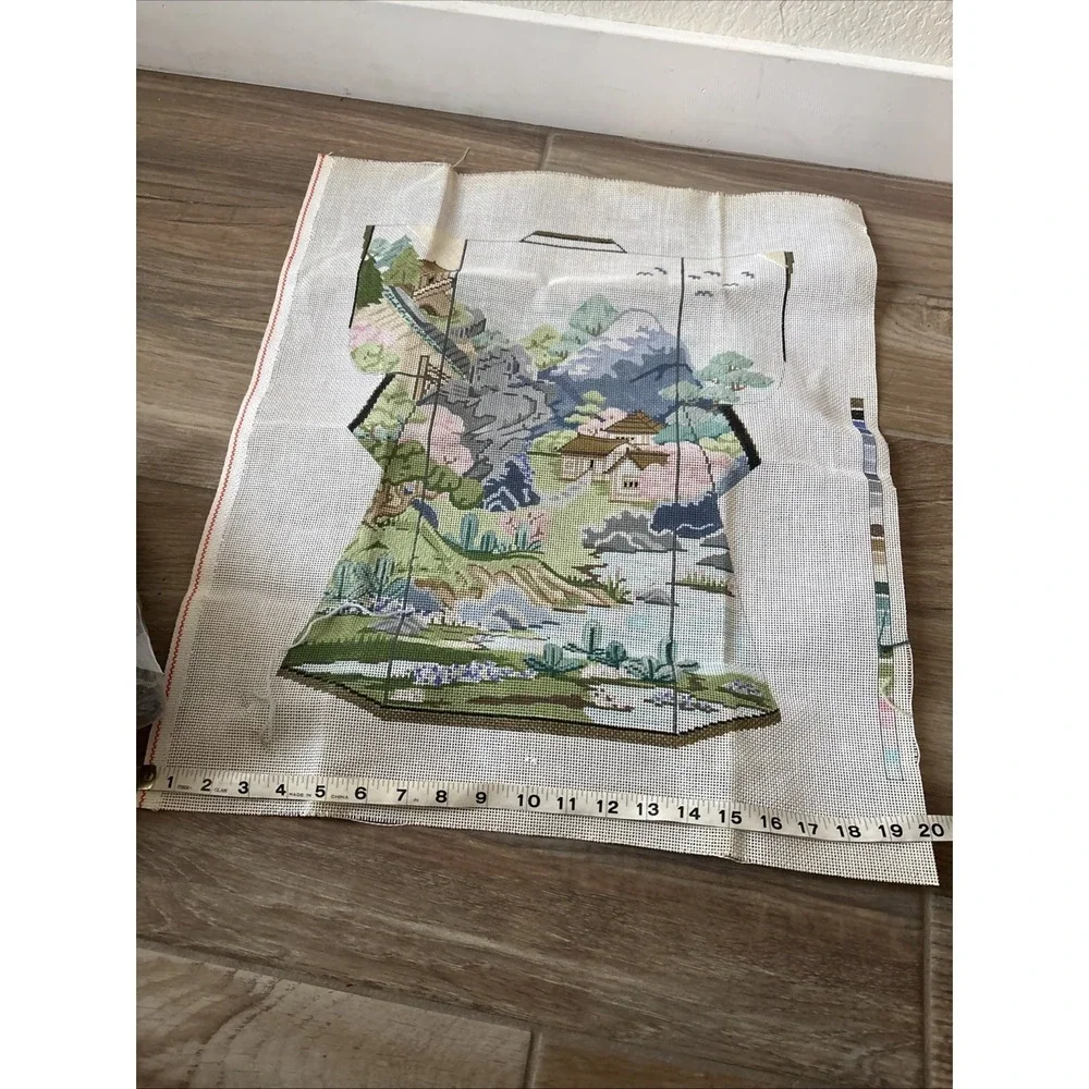 Hand-Stitched Needlepoint Tapestry Unfinished Asian Kimono Landscape Wall Art